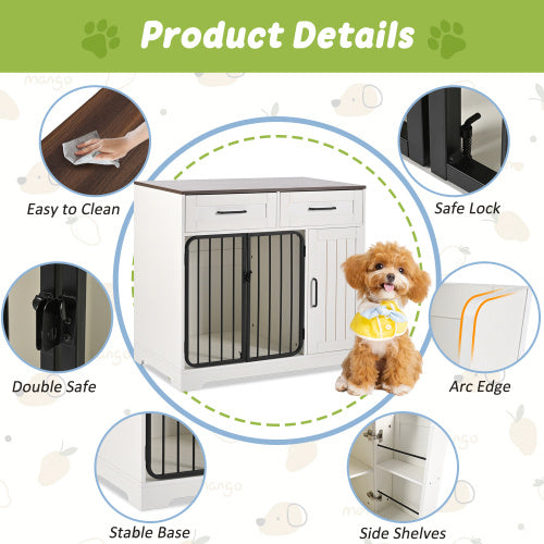 GO 37.4 Dog Crate Furniture, Indoor Dog Kennel With 2 Drawers And Storage Cabinet, Modern Furniture Dog Crate Side End Table For Small Medium Dogs, White